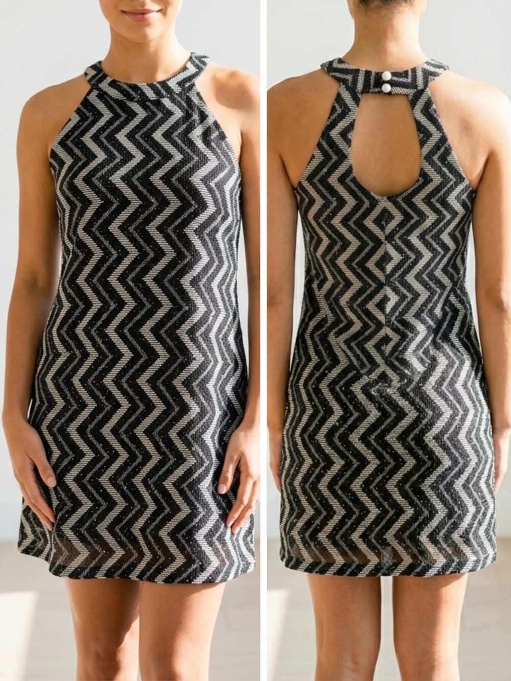 Vintage Candies Y2K High Neck Halter Mini Sheath Dress Black White Chevron M EUC